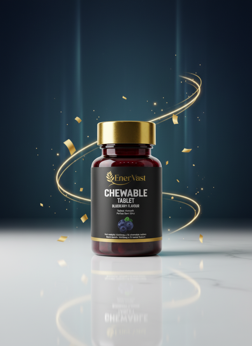 EnerVast product packaging with blueberry flavor tablet